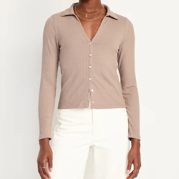 Ribbed Knit Long Sleeve Button Up Top Tan Taupe Sz M Preppy Classic Minimalist